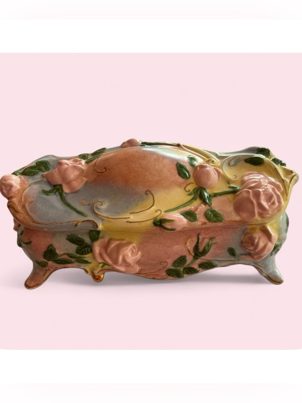 Antique Pastel Floral Porcelain Trinket Box with Rose Accents